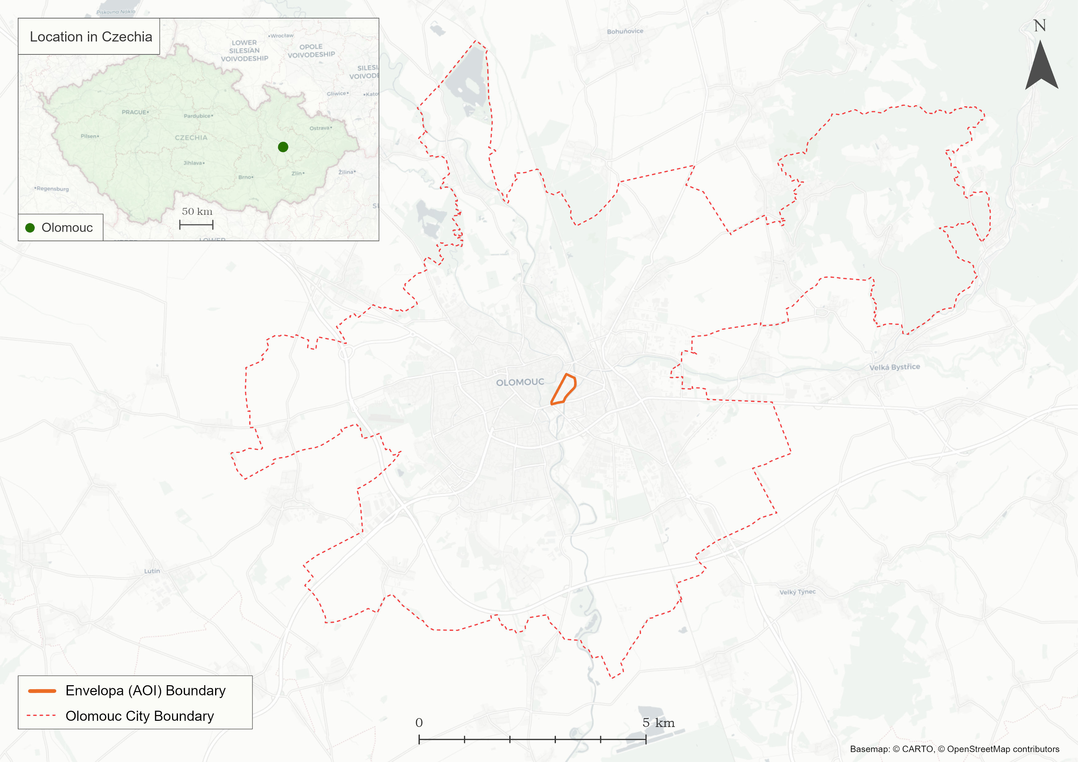 Map showing the location of the Envelopa Campus study area in Olomouc
